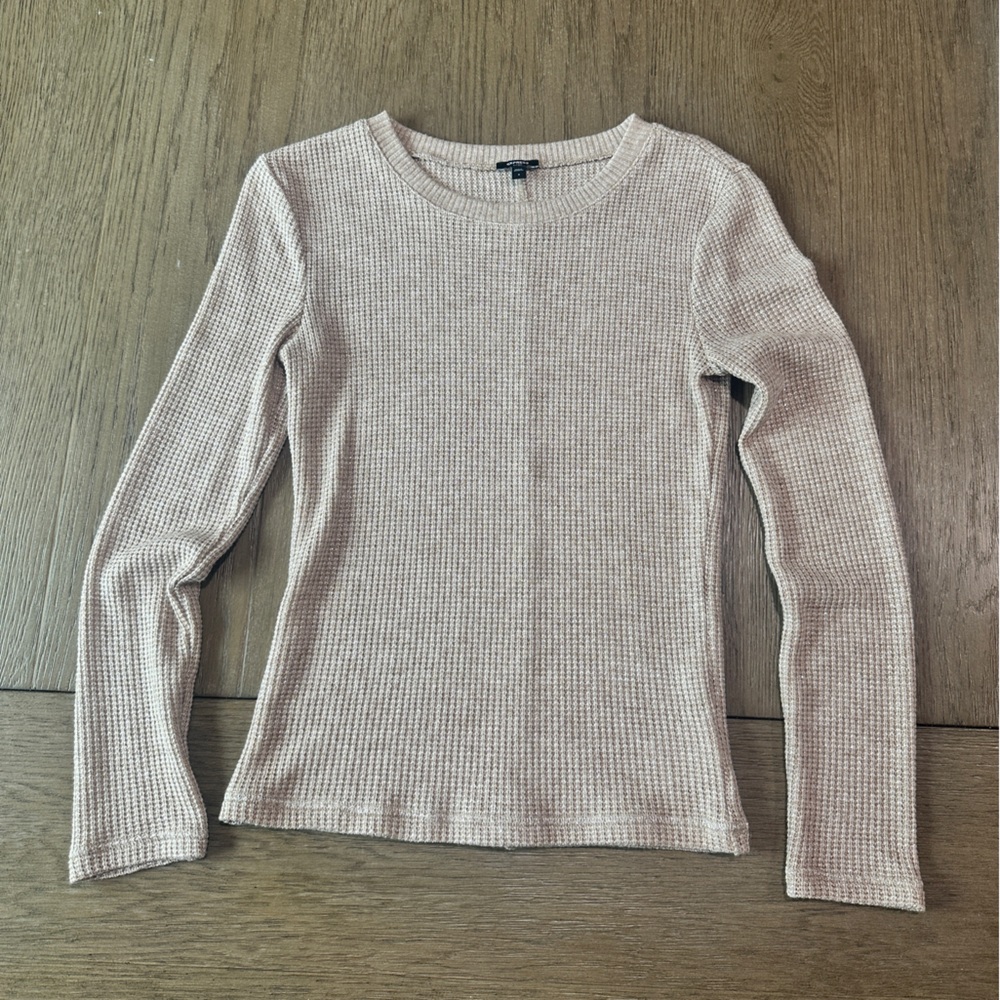 Express Glitter Waffle Fitted Crew Neck Long Sleeve Top Size Small Beige - Picture 3 of 8
